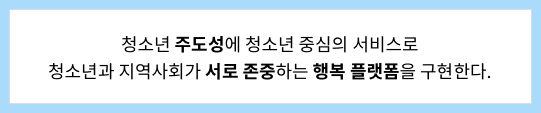 청소년 주도성에 청소년 중심의 서비스로 청소년과 지역사회가 서로 존중하는 행복 플랫폼을 구현한다.