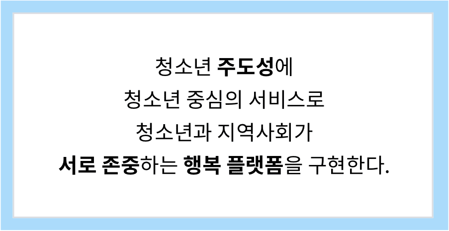 청소년 주도성에 청소년 중심의 서비스로 청소년과 지역사회가 서로 존중하는 행복 플랫폼을 구현한다.